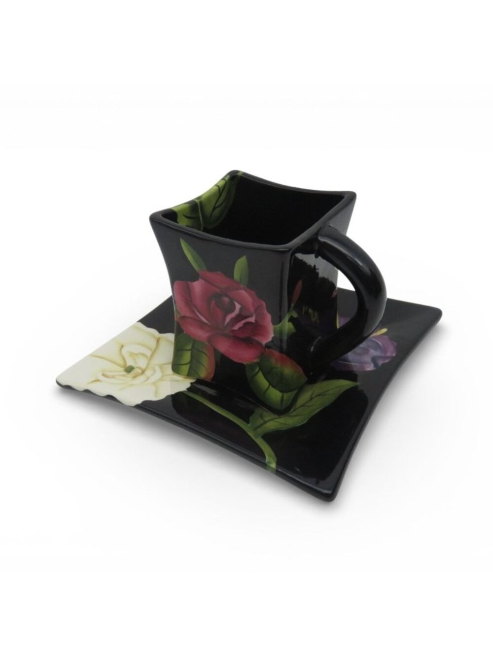 Pacific Rim Square Floral Cup & Saucer Black 90s Vintage Handpainted
